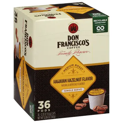 Don Francisco's Family Reserve Pods Single Serve Medium Roast Hawaiian Hazelnut Flavor Coffee 36 - 0.33 oz Pods