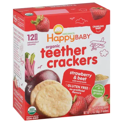 Happy Baby Organic 2 Packs Crawling Baby Strawberry & Beet Teether Crackers 12 - 0.14 oz Packs