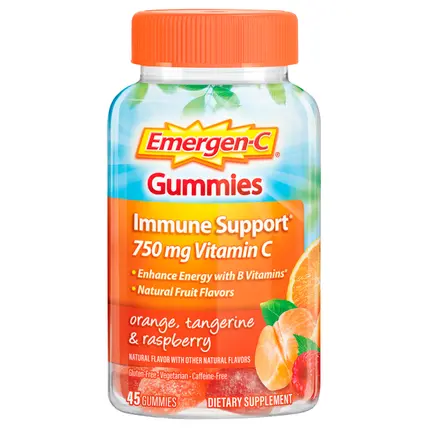 Emergen-C Gummies Vitamin C 750mg Immune Support (45 Count, Orange, Tangerine and Raspberry Flavors), With B Vitamins, Gluten Free