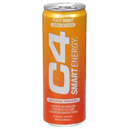 C4 Smart Energy Zero Sugar Sparkling Peach Mango Energy Drink 12 fl oz