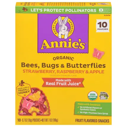 Annie's Organic Bees Bugs Butterflies Strawberry Raspberry & Apple Fruit Flavored Snacks 10 - 0.7 oz Pouches