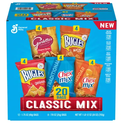 Classic Mix Snack Variety Pack, Bugles Original & Nacho Cheese, Gardetto’s Original Recipe, Chex Mix Traditional & Cheddar, 28 oz (20 Bags)