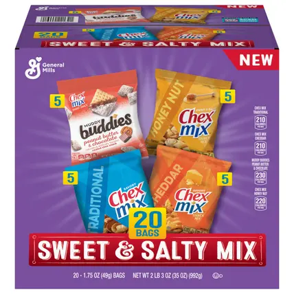 Sweet & Salty Snack Variety Pack, Muddy Buddies Peanut Butter & Chocolate, Chex Mix Traditional, Cheddar & Honey Nut, 35 oz (20 Bags)