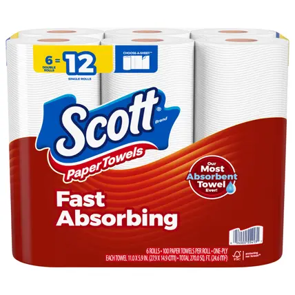 Scott Paper Towels, Choose-A-Sheet, 6 Double Rolls = 12 Regular Rolls (100 Sheets Per Roll)