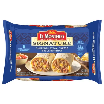 El Monterey Signature Burritos Shredded Steak, Cheese & Rice 8 count, 38.4 oz