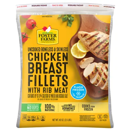 Foster Farms 100% All Natural Boneless Skinless Chicken Breast Fillets with Rib Meat, Individually Frozen