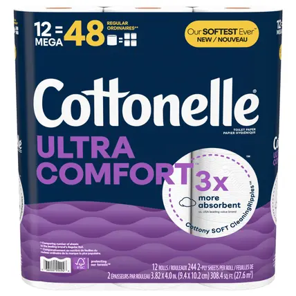Cottonelle Ultra Comfort Toilet Paper, Strong Toilet Tissue, 12 Mega Rolls (12 Mega Rolls = 48 Regular Rolls), 244 Sheets Per Roll