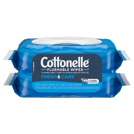 Cottonelle Fresh Care Flushable Wet Wipes, Adult Wet Wipes, 2 Flip-Top Packs, 42 Wipes Per Pack (84 Total Wipes)