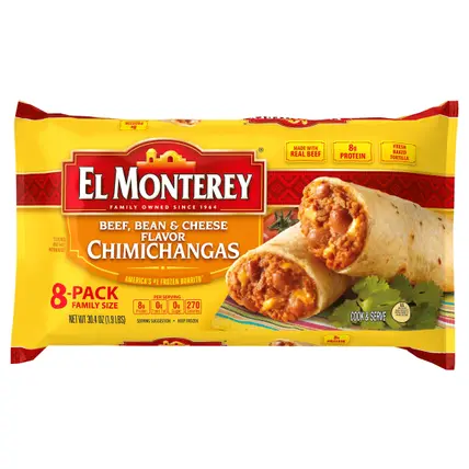 El Monterey Beef, Bean & Cheese Flavor Chimichangas, 30.4 oz Family Size, 8 Count (Frozen)