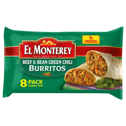 El Monterey Beef & Bean Green Chili Burritos, 32 oz Family Size, 8 Count (Frozen)