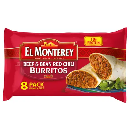 El Monterey Beef and Bean Red Chili Burritos, 8 Pack Family Size, 32oz