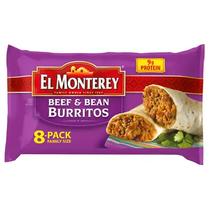 El Monterey Beef & Bean Burritos, 32 oz Family Size, 8 Count (Frozen)