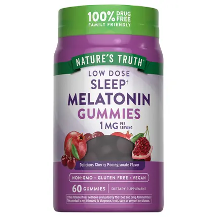 Low Dose 1 mg Natural Cherry Pomegranate Flavor Melatonin 60 Gummies
