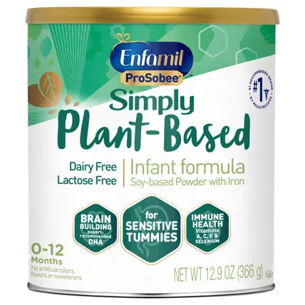 Enfamil ProSobee Soy-Based Infant Formula for Sensitive Tummies, Lactose-Free, Milk-Free, and DHA for Brain Support, Plant-Sourced Protein Powder Can, 12.9 Oz