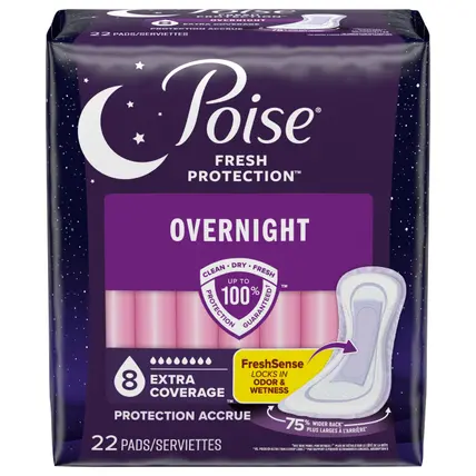 Poise Incontinence Pads & Postpartum Overnight Incontinence Pads, 8 Drop Extra Coverage, 22 Count