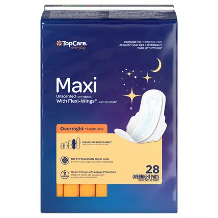 TopCare Everyday Overnight Maxi Unscented Pads with Flexi-Wings 28 ea