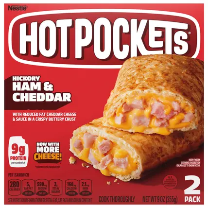 Hickory Ham & Cheddar Frozen Snacks in a Crispy Buttery Crust, Frozen Ham and Cheese Sandwiches Made with Real Reduced Fat Cheddar Cheese, 2 Count Frozen Sandwiches