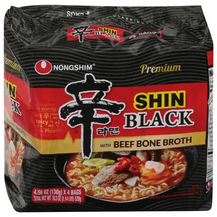 Nongshim Shin Black Beef Bone Broth Ramyun Noodles with Seasoning Mix 4 - 4.58 oz Bags
