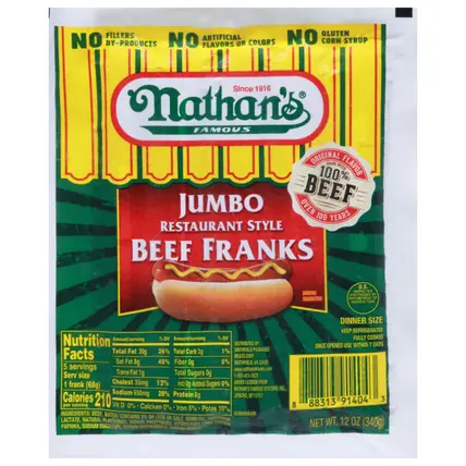 Nathan's Famous Restaurant Style Beef Franks Jumbo Dinner Size 12 oz