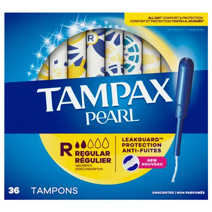 Tampax Pearl Tampons, with LeakGuard Braid, Regular Absorbency, Unscented, 36 Count