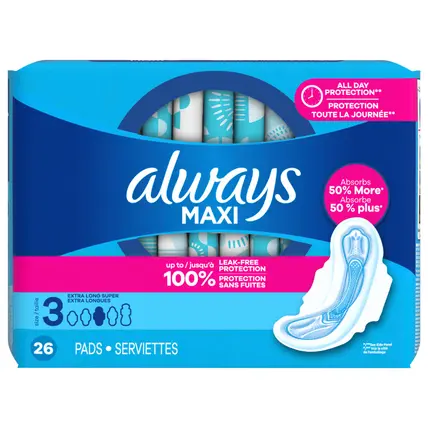 Always Maxi Feminine Pads with Wings for Women, Size 3, Extra Long Super Absorbency, Unscented 26 Count