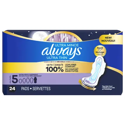 Always Ultra Thin Overnight Pads, Size 5, Extra Heavy Overnight, Unscented, 24 Count