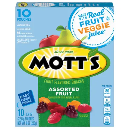 Mott's Fruit Flavored Snacks, Assorted Fruit, Gluten Free Snack, 10 Ct, 8 oz