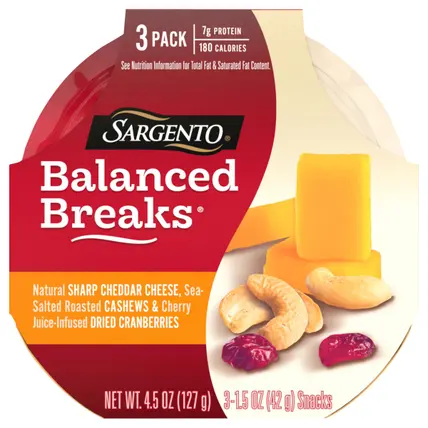 Sargento® Balanced Breaks® Natural Sharp Cheddar Cheese, Sea-Salted Cashews and Cherry Juice-Infused Dried Cranberries, 3-Pack