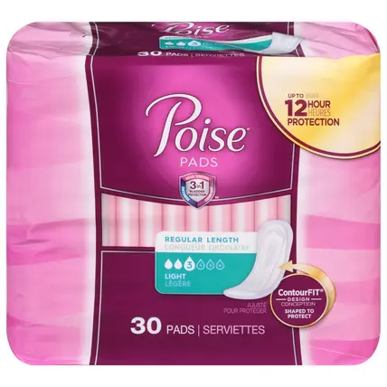 Poise Regular Length Light Pads 30 Pads 30 ea