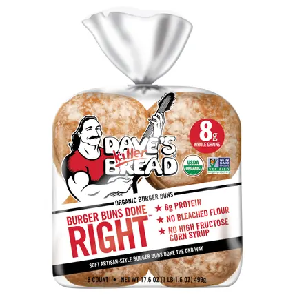 Dave's Killer Bread Burger Buns Done Right, Organic White Bread Hamburger Buns, 8 Count