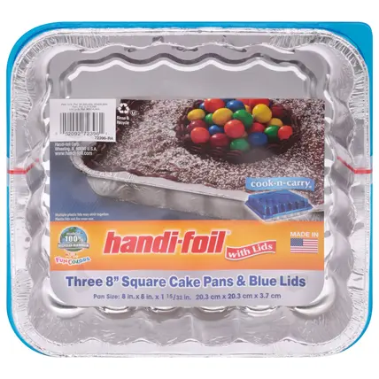 Handi-Foil 8 Inch Square Cake Pans & Blue Lids 3 ea