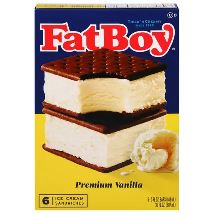 FatBoy Premium Vanilla Ice Cream Sandwiches 6 - 5 fl oz Bars