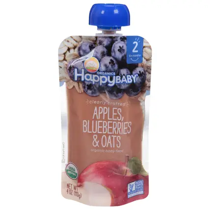 HappyBaby Organics 2 (6+ Months) Organic Apples, Blueberries & Oats Baby Food Stage 2 4 oz