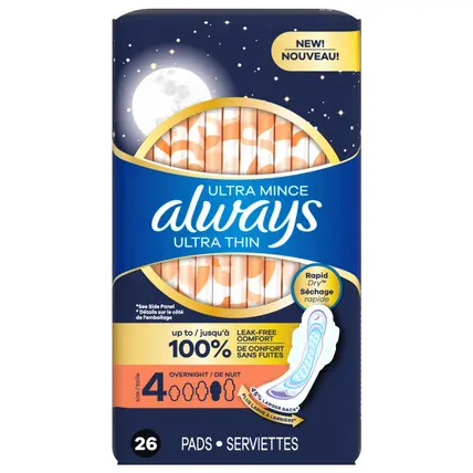 Always Ultra Thin Overnight Pads, Size 4, Overnight, Unscented, 26 Count