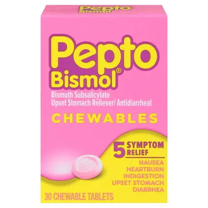 Pepto Bismol Chewable Tablets Upset Stomach Reliever/Antidiarrheal 30 ea