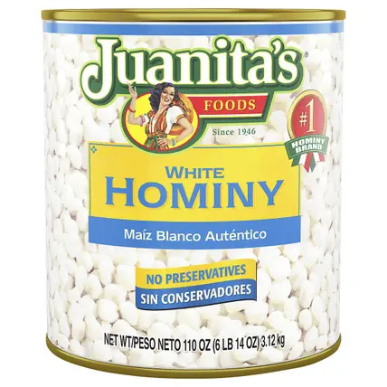 Juanita's Foods White Hominy, Canned Hominy, 110 oz
