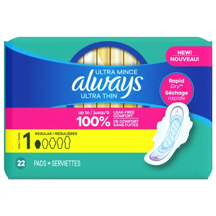 Always Ultra Thin Feminine Pads with Wings for Women, Size 1, Regular Absorbency, Unscented, 22 Count