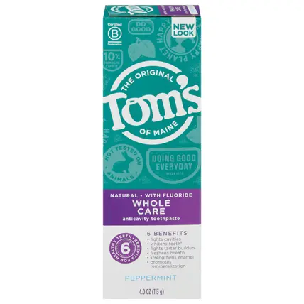 Tom's of Maine Whole Care Anticavity Peppermint Toothpaste 4 oz
