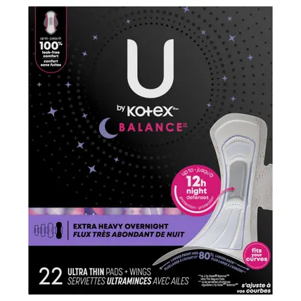 U by Kotex Balance Ultra Thin Overnight Pads with Wings, Extra Heavy Absorbency, 22 Count