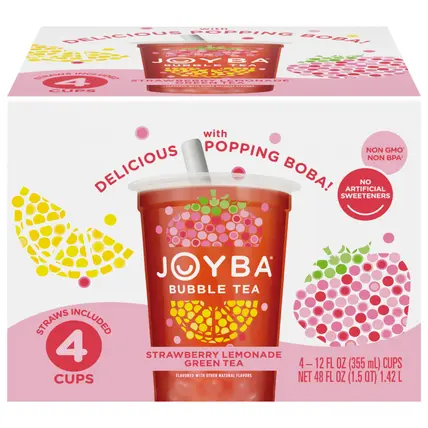 Joyba Strawberry Lemonade Green Tea Bubble Tea, 12 fl oz Cup (Pack of 4)