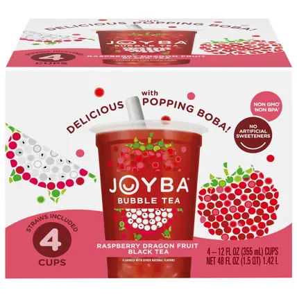 Joyba Raspberry Dragonfruit Black Tea Bubble Tea, 12 fl oz Cup (Pack of 4)