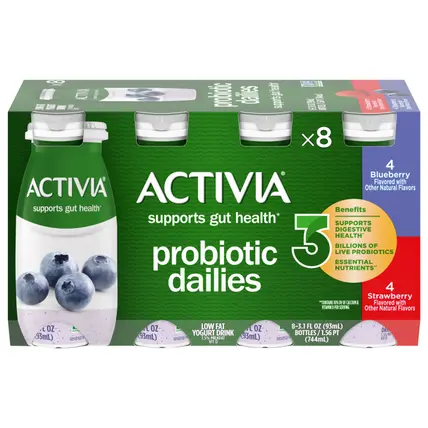 Activia Probiotic Dailies Strawberry and Blueberry Lowfat, Probiotic Yogurt Drinks, 3.1 FL OZ, 8 Ct