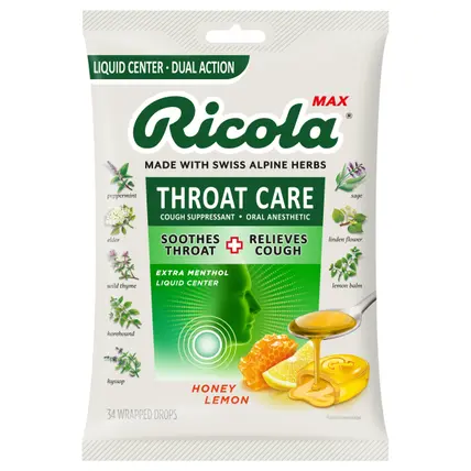 Max Throat Care Honey Lemon Cough Drops - Extra Strength Cough Suppressant, 34 Count