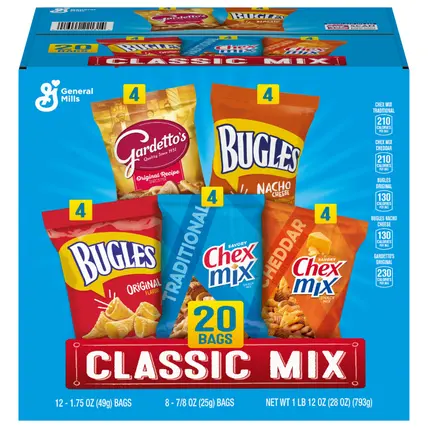Classic Mix Snack Variety Pack, Bugles Original and Nacho Cheese, Gardetto's Original Recipe, Chex Mix Traditional and Cheddar, 20 Ct, 28 oz