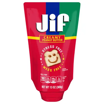 Jif Squeeze Creamy Peanut Butter, 13 oz. - Smooth, Creamy Texture, Portable Peanut Butter Pouch