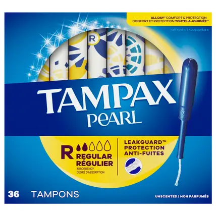 Tampax Pearl Tampons, with LeakGuard Braid, Regular Absorbency, Unscented, 36 Count