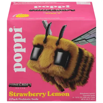 Poppi A Minecraft Movie Strawberry Lemon Prebiotic Soda 4 - 12 fl oz Cans